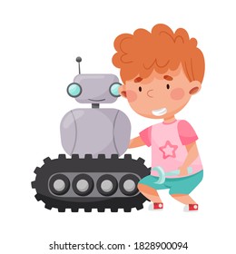 Little Boy Engineering and Creating Robot Vector Illustration