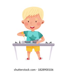 Little Boy Engineering and Creating Robot Vector Illustration