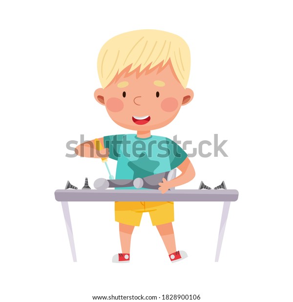 Little Boy Engineering Creating Robot Vector Stock Vector (Royalty Free ...