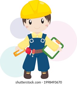 Niño pequeño con juguete de herramientas de ingeniería