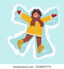 A little boy enjoy first snowfall. Happy boy lying in snow on back and moving arms and legs flat vector. Smiling kid, child making snow angel hand drawn illustration for winter entertainments concept