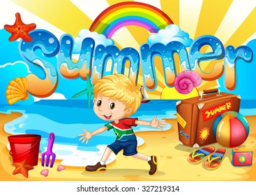 Little boy enjoy summer on the beach illustration