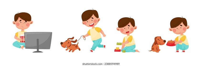 Little Boy Enjoying Different Daily Activity Vector Set