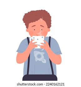 Little boy enjoying hot drink. Cup of warm beverage, drinking morning tea vector illustration