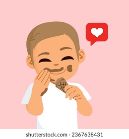 Little boy enjoying an ice cream on pink background. Small child eating sweet yummy chocolate dessert with dirty face and hands