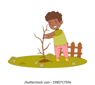 Little Boy Enjoying Spring Season Planting Tree in the Yard Vector Illustration