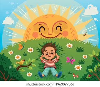 Little Boy Enjoying the Sun on a Grass Field. Vector Illustration.