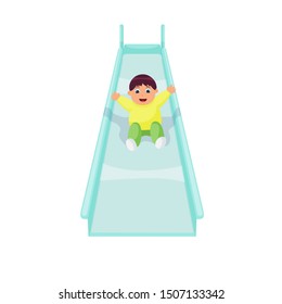 Little Boy Enjoys Fun On Slide. Child Having Fun Sliding Down, Outdoor Activity. Kid Cartoon Character. Colorful Vector Illustration For Website, Poster, Advertisement, Flyer