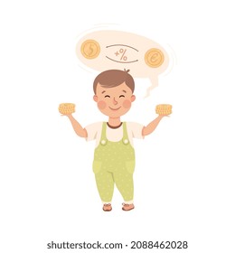 Little Boy Exchanging Currency Coin Engaged in Economic Education and Financial Literacy Learning Saving and Investing Money Vector Illustration