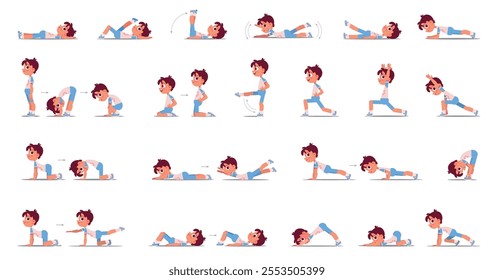 The little boy is exercising. Big set of back exercises. Physical exercises for good posture. Cartoon characters. Funny vector illustration. Isolated on white background