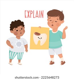 Little Boy Explaining with Tooth Caries Poster as Demonstration of Vocabulary and Verb Studying Vector Illustration