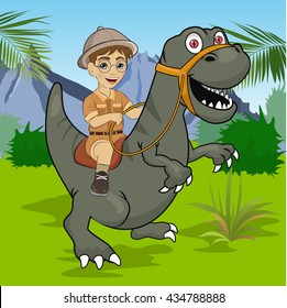 Little boy explorer riding a dinosaur velociraptor in jungle