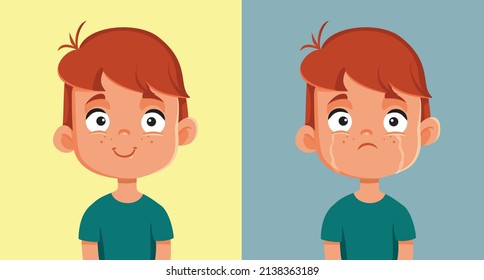 
Little Boy Expressing Joy and Sadness Vector Cartoon Illustration. Child feeling different emotions learning about himself and growing as a person
