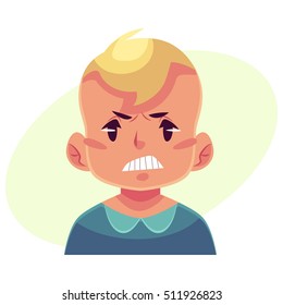 Little boy face, angry facial expression, cartoon vector illustrations isolated on yellow background. Blond male kid emoji face, feeling distresses, frustrated, sullen, upset. Angry face expression