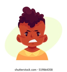 Little Boy Face, Angry Facial Expression, Cartoon Vector Illustrations Isolated On Yellow Background. Black Male Kid Emoji Face, Feeling Distresses, Frustrated, Sullen, Upset. Angry Face Expression