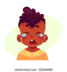Little boy face, crying facial expression, cartoon vector illustrations isolated on yellow background. black male kid emoji face crying, shedding tears, sad, heart broken, in grief.