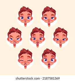 Little boy face with different emotions isolated on background. Vector cartoon set of cute child portraits with laugh, sad, angry, shy, surprise and cry and angry facial expression