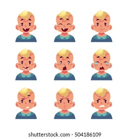 Little boy face expression, set of cartoon vector illustrations isolated on white background. Blond male kid emoji face icons, facial expressions, set of baby boy avatars with different emotions