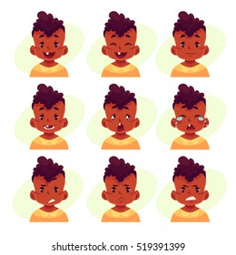 Little boy face expression, set of cartoon vector illustrations isolated on yellow background. black male kid emoji face icons, facial expressions, set of baby boy avatars with different emotions