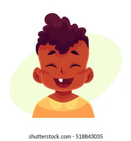 Little Boy Face, Laughing Facial Expression, Cartoon Vector Illustrations Isolated On Yellow Background. Black Male Kid Emoji Face Laughing Out Load, Closed Eyes And Open Mouth. Laughing Expression