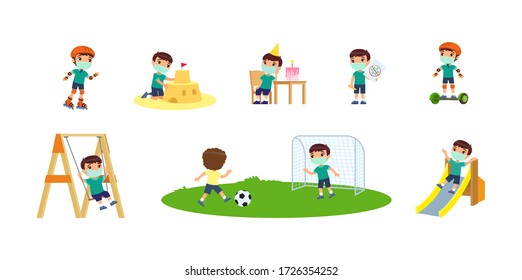 Little boy with face mask plays in the playground. Concept of summer entertainment with respiratory diseases, allergies. Child plays different summer games. Cartoon character,  illustrations set.
