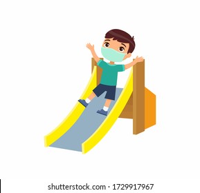 Little boy with face mask slides off a children's slide. Virus protection, allergies concept. Vacation and entertainment on the playground. Cartoon character. Flat vector illustration.