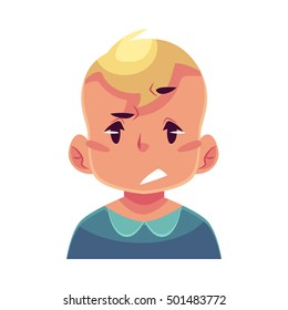 Little boy face, upset, confused facial expression, cartoon vector illustrations isolated on white background. Blond male kid emoji face, concerned, confused frustrated.