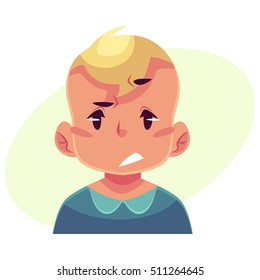 Little boy face, upset, confused facial expression, cartoon vector illustrations isolated on yellow background. Blond male kid emoji face, concerned, confused frustrated.