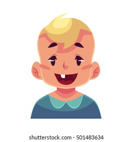 Little boy face, wow facial expression, cartoon vector illustrations isolated on white background. Blond male kid emoji face surprised, amazed, astonished. Surprised, wow face expression