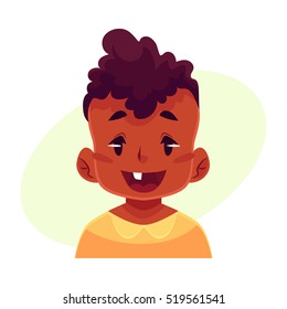 Little boy face, wow facial expression, cartoon vector illustrations isolated on yellow background. black male kid emoji face surprised, amazed, astonished. Surprised, wow face expression