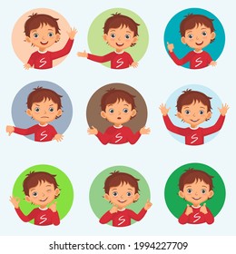 Little boy facial expressions emotions avatar set. Vector of various hands gestures with different postures such as okay, thumb up, pointing finger, waving hands, no idea sign.