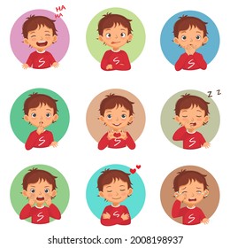 Little boy facial expressions emotions set. Such as laughing, silly face, hands cover mouth, silence, love, miss, crying, sleepy, yelling. Vector of different avatars with hands gestures and signs.