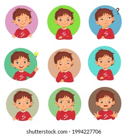 Little boy facial expressions set. Vector of various hands postures with different emotions such as winking, smiling, thinking, got idea, bored, sad, worried, shocked, angry.