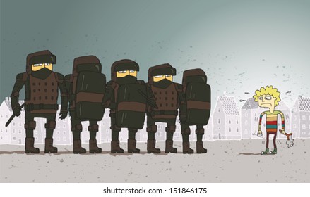 Little boy facing police enforcement. Illustration is in eps10 vector mode.