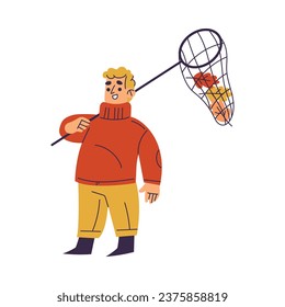 Little Boy in Fall Season with Catching Net and Leaf Enjoy Outdoor Activity Vector Illustration