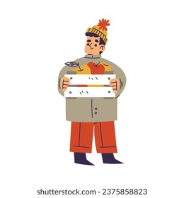 Little Boy in Fall Season with Crate Full of Apple Enjoy Outdoor Activity Vector Illustration