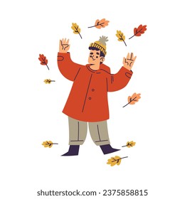 Little Boy in Fall Season with Leaf Around Him Enjoy Outdoor Activity Vector Illustration