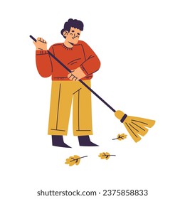 Little Boy in Fall Season Sweeping Ground with Broom Collect Foliage Enjoy Outdoor Activity Vector Illustration