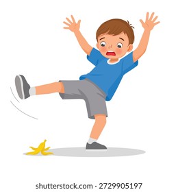 Little boy falling down slip on banana peel