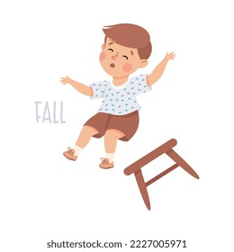 Little Boy Falling Down from Stool Demonstrating Vocabulary and Verb Studying Vector Illustration