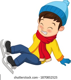 Little boy falling while play ice skating