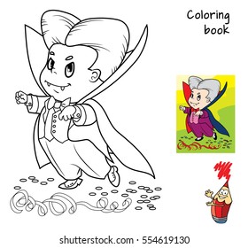 Little boy in a fancy suit vampire Dracula at the masquerade. Coloring book. Cartoon vector illustration