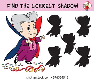 Little boy in a fancy suit vampire Dracula at the masquerade. Find the correct shadow. Educational game for children. Cartoon vector illustration.