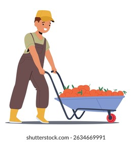 Little boy farmer cartoon character pushing wheelbarrow with ripe peach fruits harvest isolated on white background. Young gardener preparing fresh crop for sale at local market vector illustration