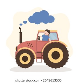 Little boy farmer on tractor. Happy childhood banner or poster with child driving toy tractor in countryside. Kids play activity or playground entertainments advert. flat vector illustration