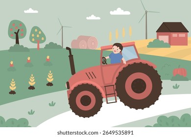 Little boy farmer on tractor. Happy childhood banner or poster with child driving toy tractor in countryside. Rural view. Kids play activity. flat vector illustration