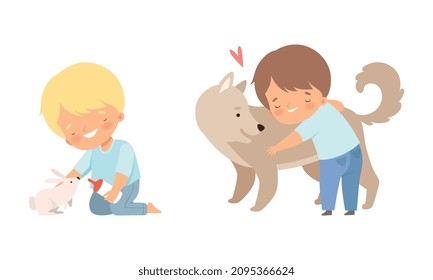Little Boy Feeding Hare with Milk and Embracing Dog Vector Set