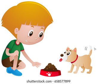 Little Boy Feeding Pet Dog Illustration