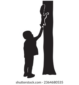 Little boy feeding squirrel ink silhouette