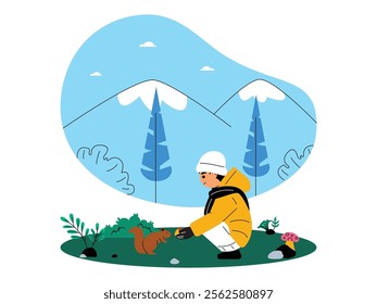 A little boy is feeding a squirrel in a park who is seen wearing a bright yellow jacket, hat and scarf, there are some green plants, mushrooms and rocks around them, ecosystem vector illustration.